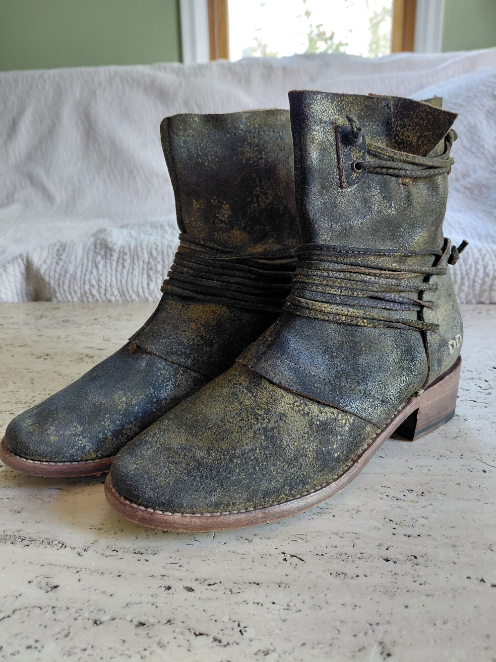 Bed Stu Distressed Olive Green Wrap Lace Ankle Boots